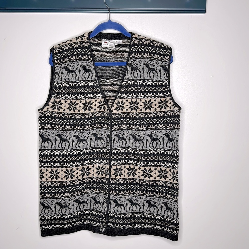 Vintage Maglia Donna Sweater Vest Reindeer Snowflakes Dark Gray Wool Italy Sz L